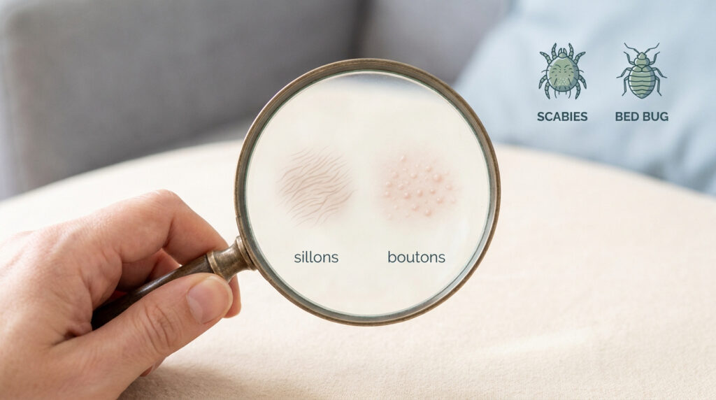 Une main utilisant une loupe pour examiner les différences cutanées entre la gale et les piqûres de punaises de lit.