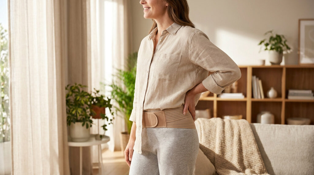 Femme portant une ceinture sacro-iliaque beige discrète sous sa chemise pour soulager une douleur au bas du dos.