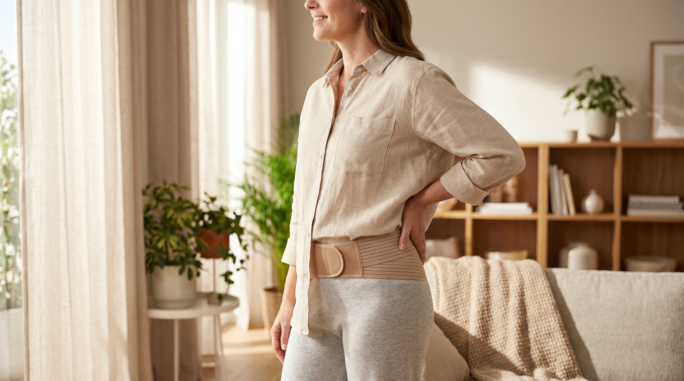 Femme portant une ceinture sacro-iliaque beige discrète sous sa chemise pour soulager une douleur au bas du dos.