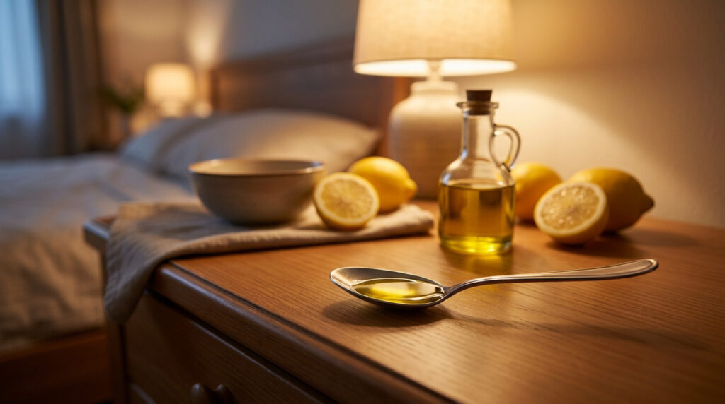 Une cuillère remplie d'huile d'olive avec des citrons coupés sur une table de nuit dans une chambre à coucher.