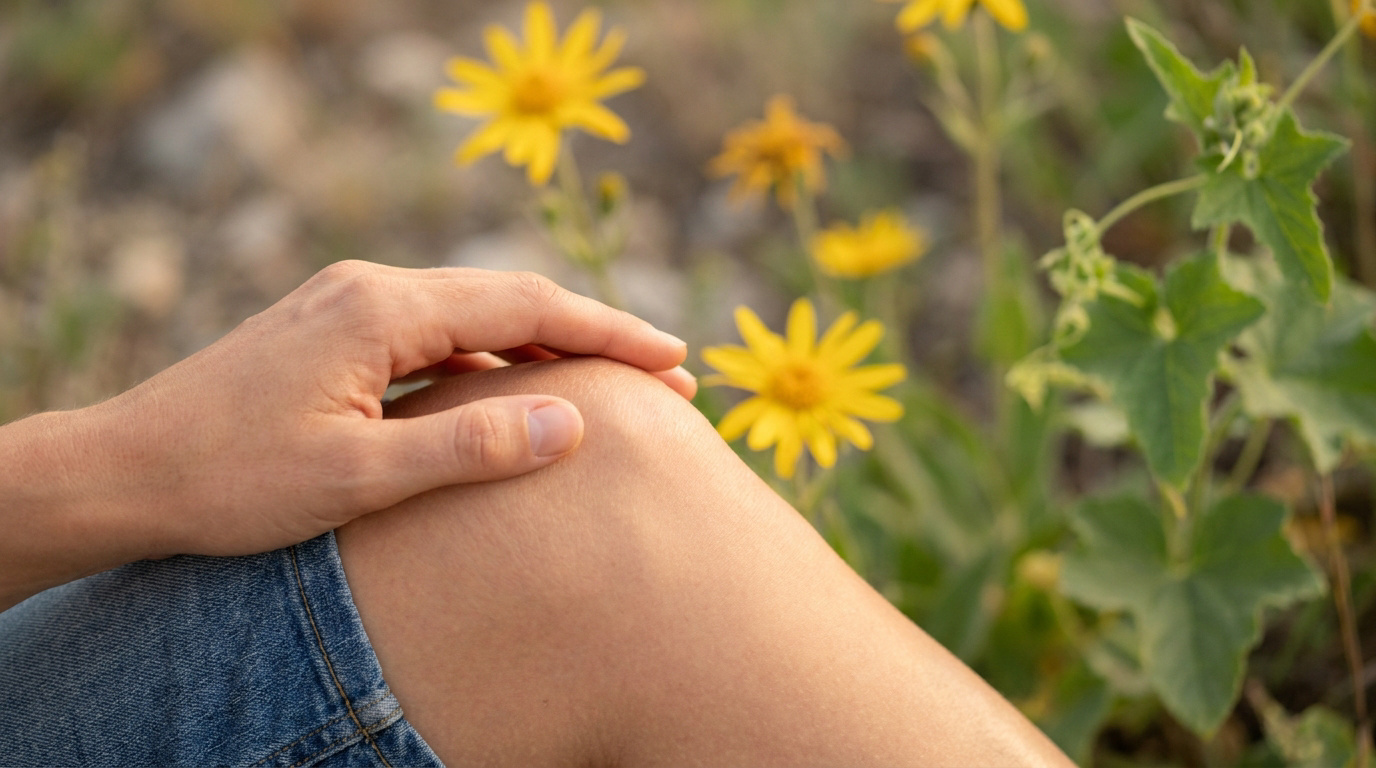 Une main posée sur un genou douloureux, avec des fleurs d'arnica en arrière-plan flou.