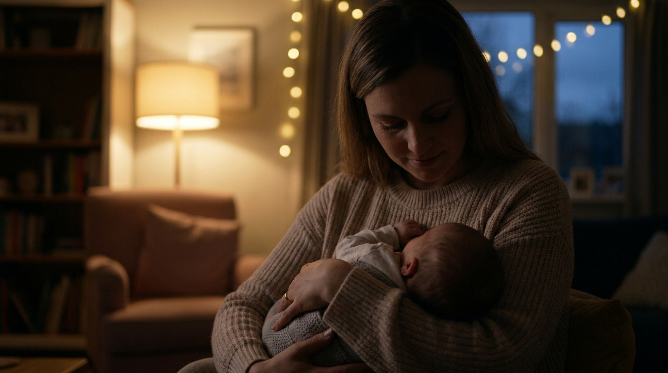 Une mère berce tendrement son nouveau-né dans une pièce doucement éclairée par des guirlandes lumineuses en soirée.
