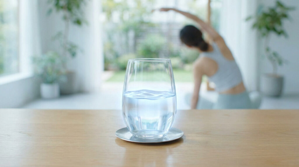 Un verre d'eau sur une table en bois avec une personne faisant du yoga en arrière-plan flou.