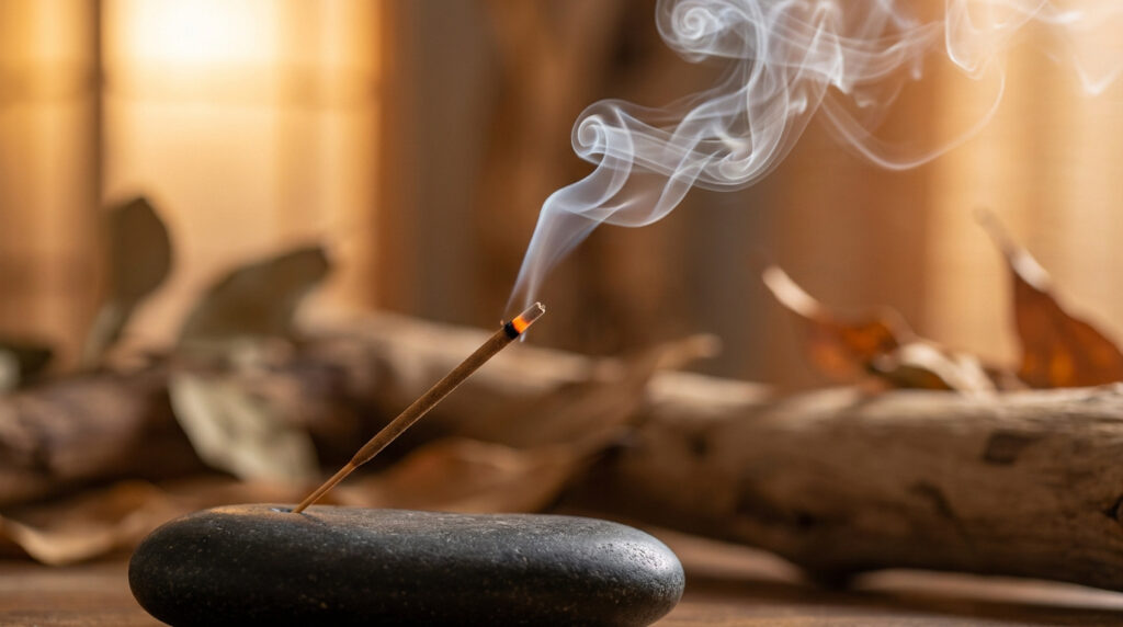 Un bâton d'encens allumé dégageant de la fumée, planté dans un galet noir sur une table en bois avec des feuilles.