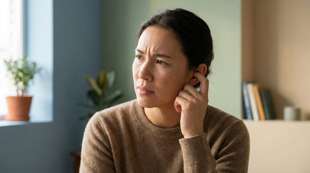 Une femme brune porte un pull beige et se gratte l'oreille avec une expression préoccupée.