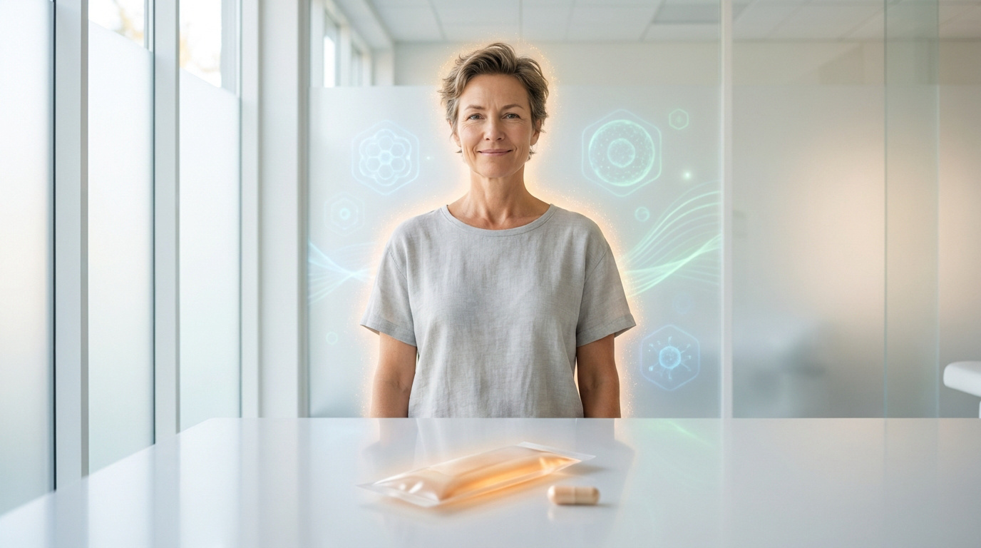 Une femme souriante dans un bureau moderne avec un sachet de vitamine C liposomale sur une table.