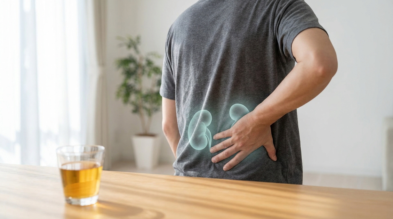 Un homme se tient le bas du dos, avec une illustration graphique des reins superposée, devant un verre d'alcool.