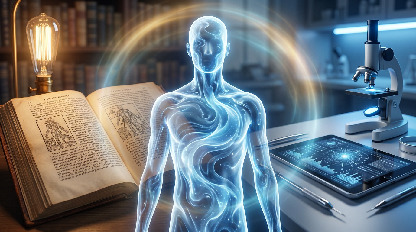 Silhouette humaine lumineuse et éthérée au-dessus d'un bureau avec un livre ancien, un microscope et une tablette numérique.