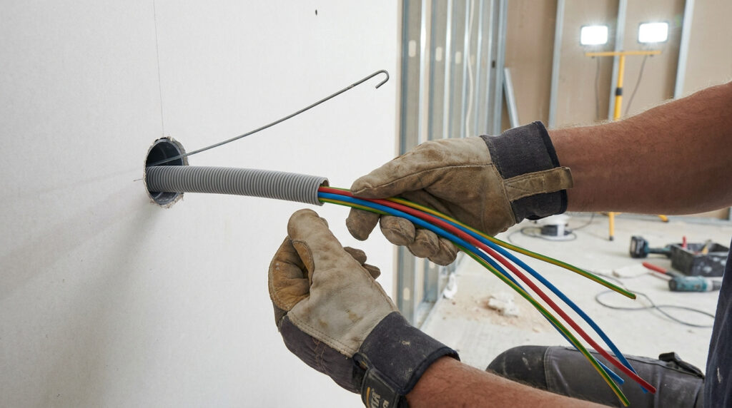 Un électricien insère des câbles colorés dans une gaine annelé grise sortant d'une cloison en plâtre.