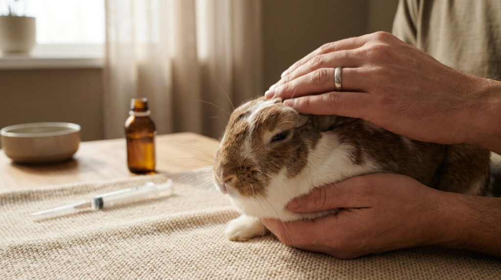 Une personne réconforte un lapin brun et blanc sur une table où se trouvent une seringue et un flacon de médicament.