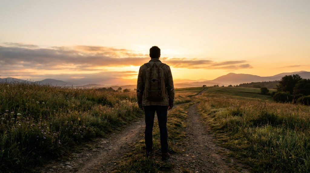 Un voyageur avec un sac à dos debout sur un chemin de campagne face à un coucher de soleil montagneux.
