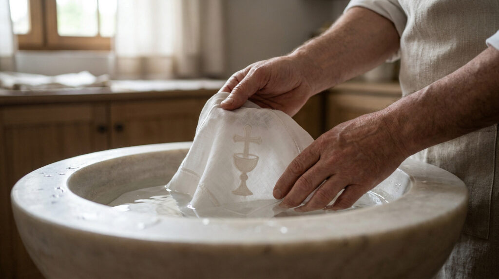 Mains lavant délicatement un purificateur avec une croix et un calice brodés dans une vasque en pierre.