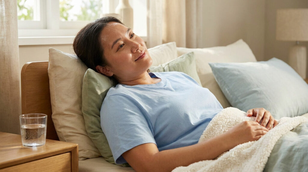 Une femme fiévreuse et en sueur se repose dans son lit avec un verre d'eau à proximité.