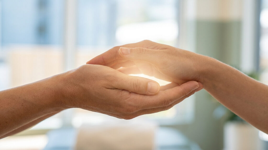 Deux mains se rejoignent doucement avec une lueur lumineuse entre elles, symbolisant le soin et la protection.