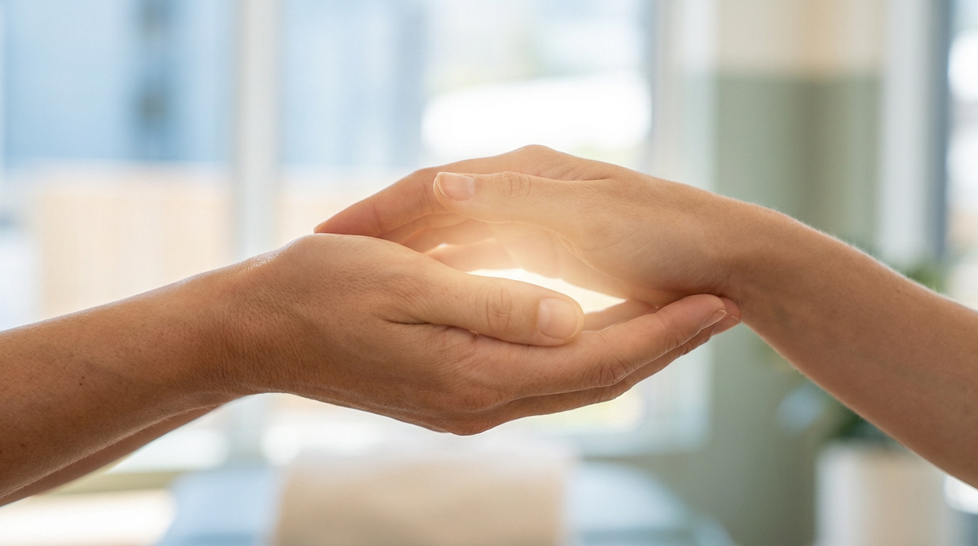 Deux mains se rejoignent doucement avec une lueur lumineuse entre elles, symbolisant le soin et la protection.