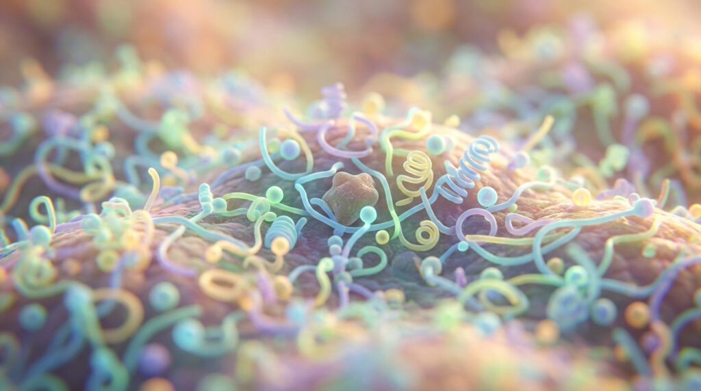 Représentation 3D stylisée de micro-organismes et de bactéries à la surface d'une muqueuse intestinale.