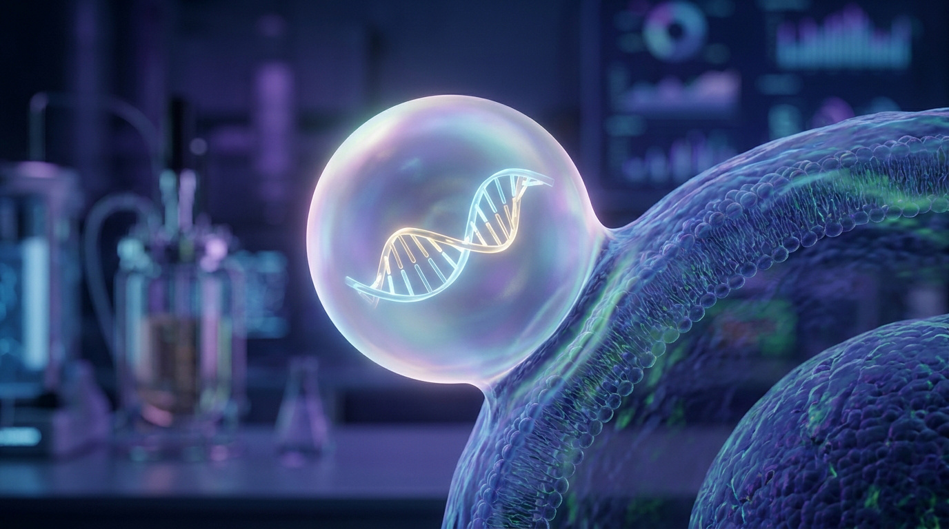 Représentation 3D d'une nanoparticule lipidique sphérique encapsulant une molécule d'ADN dans un laboratoire.