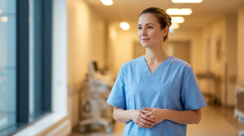 Une infirmière en tenue bleue regarde par la fenêtre dans un couloir d'hôpital lumineux.