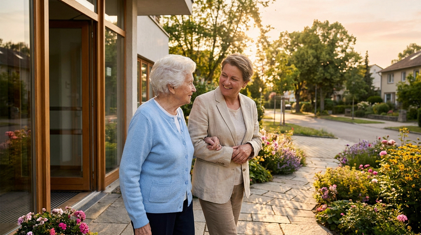 Une femme âgée souriante marchant bras dessus, bras dessous avec une femme plus jeune devant un jardin ensoleillé.