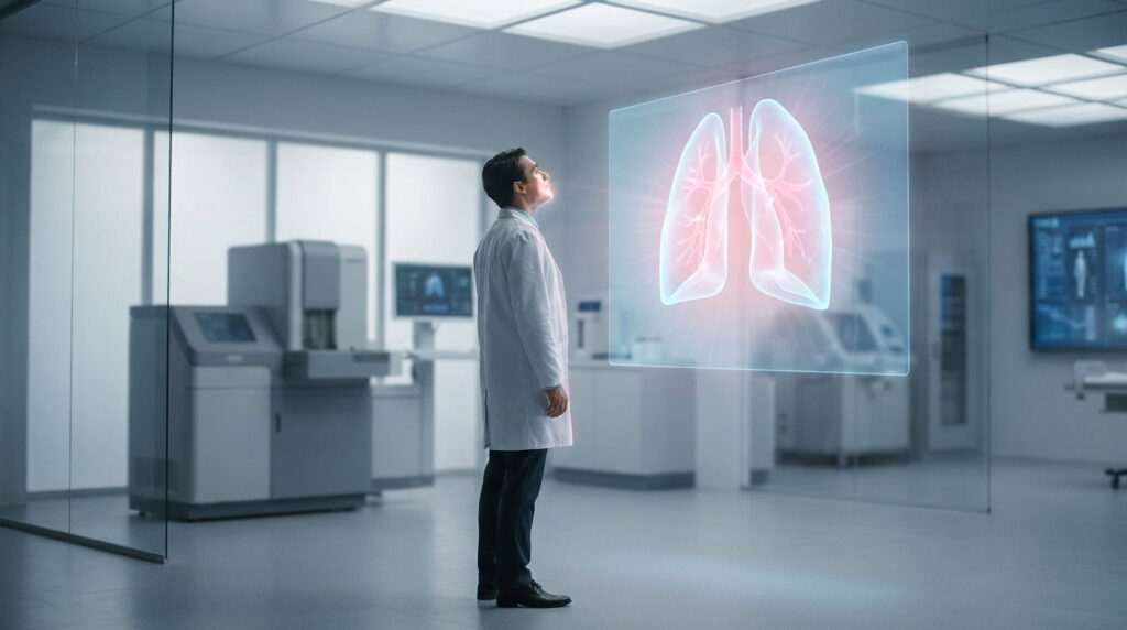 Médecin en blouse blanche observant une projection holographique 3D de poumons humains dans un laboratoire moderne.