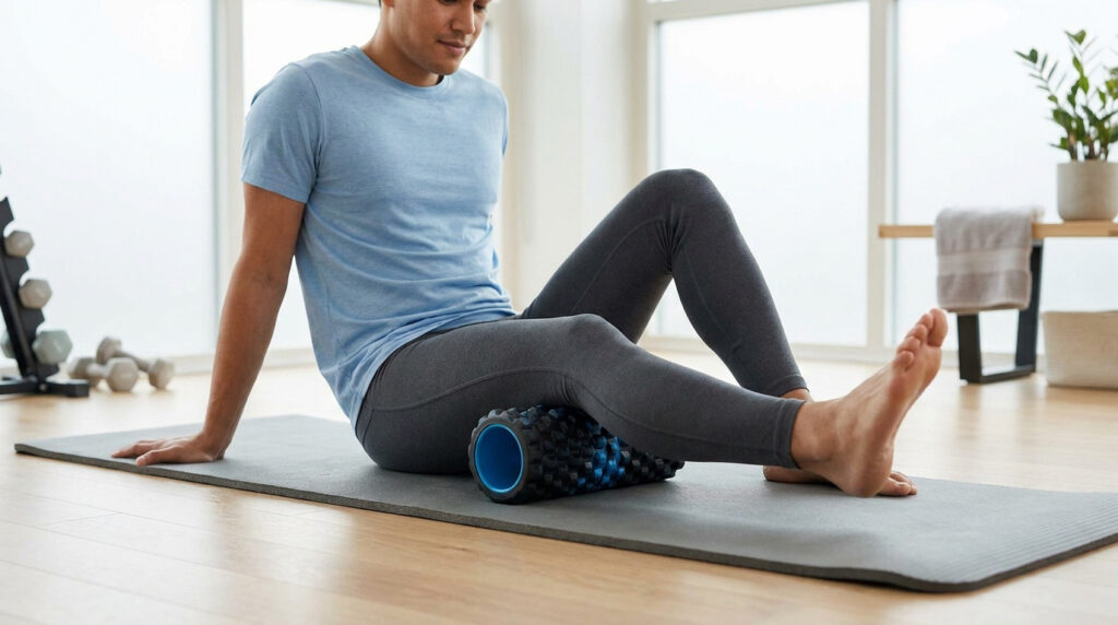 Homme utilisant un rouleau de massage texturé sur sa cuisse dans un studio de fitness lumineux.