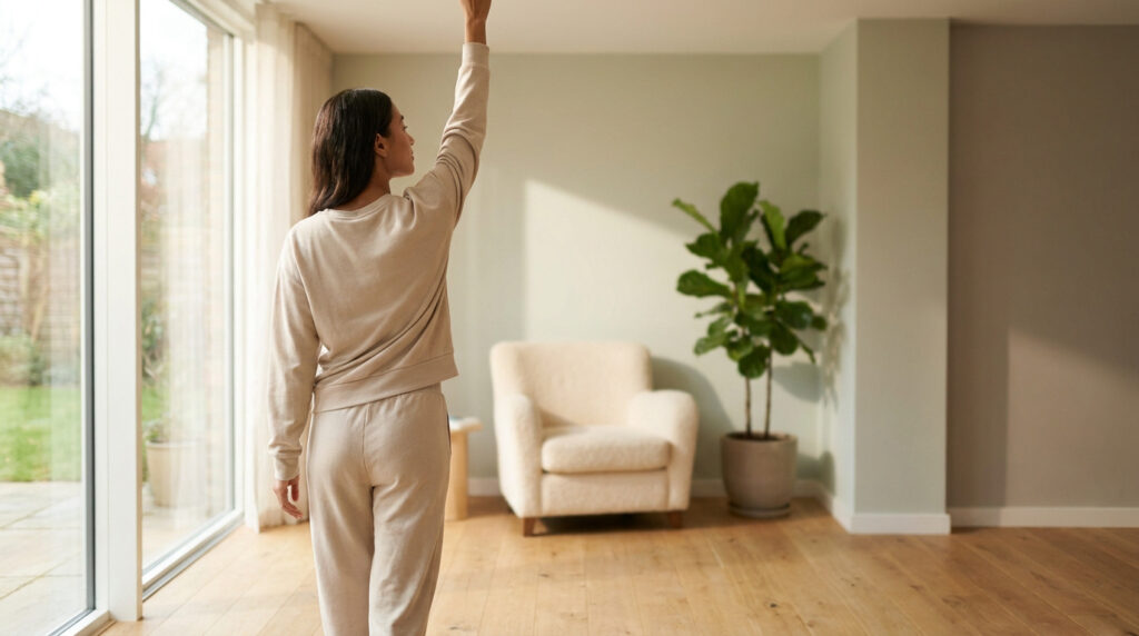 Femme en tenue décontractée levant le bras dans un salon lumineux pour une séance d'étirements doux.