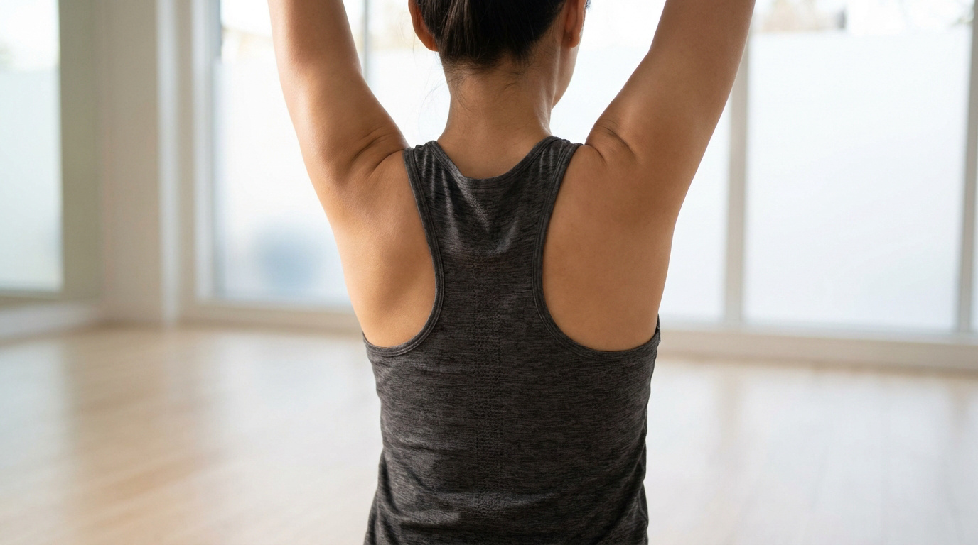 Vue de dos d'une femme portant un débardeur de sport, se tenant debout avec les bras levés dans une salle lumineuse.