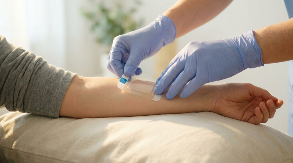 Un professionnel de santé avec des gants bleus applique un pansement stérile sur l'avant-bras d'un patient.