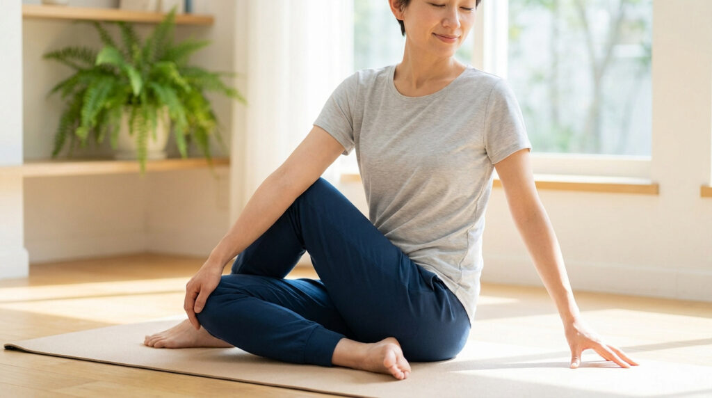 Une femme assise sur un tapis de yoga faisant une torsion du dos pour soulager ses tensions.