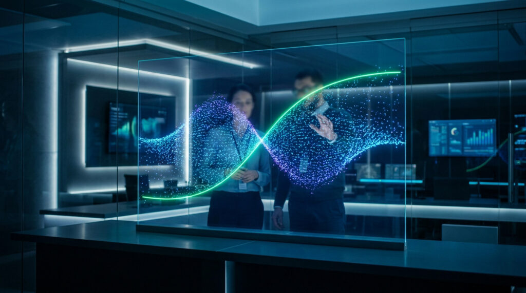 Deux analystes examinant une courbe de régression sur un écran tactile transparent dans un laboratoire technologique.