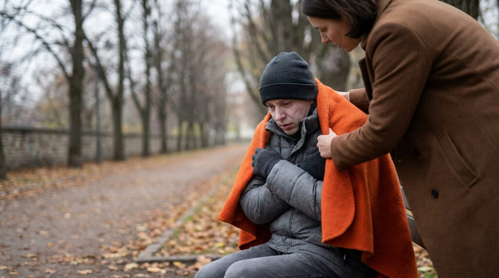 Une femme aide un homme tremblant de froid en le couvrant d'une couverture orange dans un parc en automne.