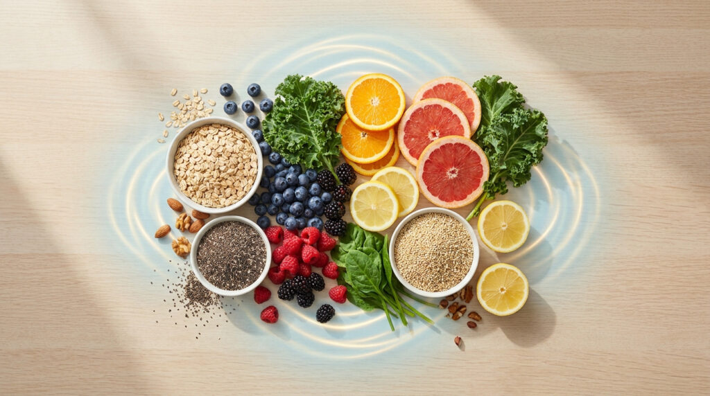 Variété d'aliments sains comme avoine, baies, agrumes et légumes verts disposés sur une table en bois.