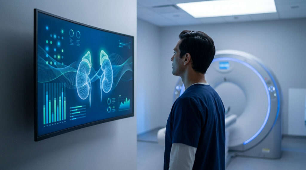 Un radiologue examine une image 3D numérique des glandes surrénales sur un écran dans une salle d'imagerie médicale.