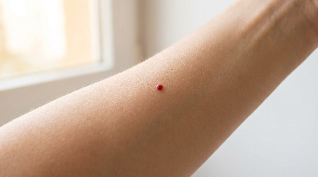 Gros plan sur un petit angiome rubis rouge vif situé sur l'avant-bras d'une personne.