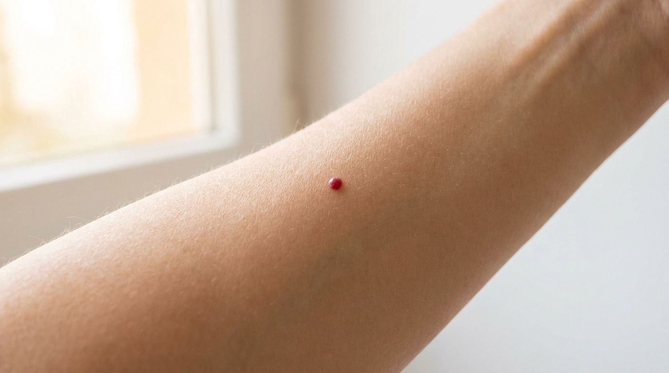 Gros plan sur un petit angiome rubis rouge vif situé sur l'avant-bras d'une personne.