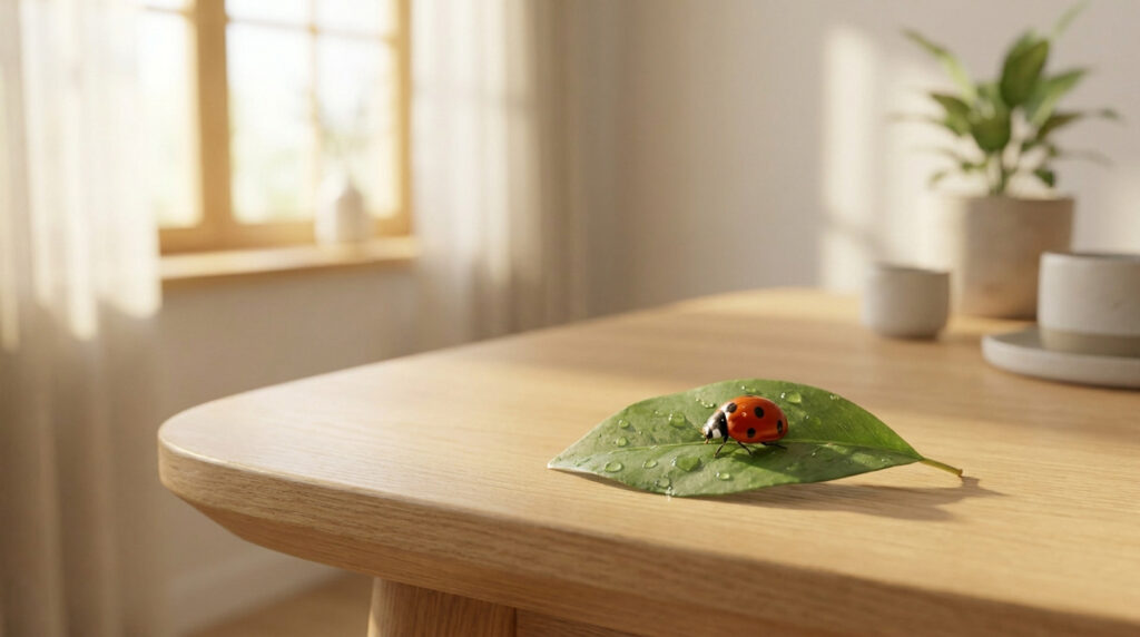 Une coccinelle rouge à points noirs sur une feuille verte avec des gouttelettes d'eau, posée sur une table en bois.