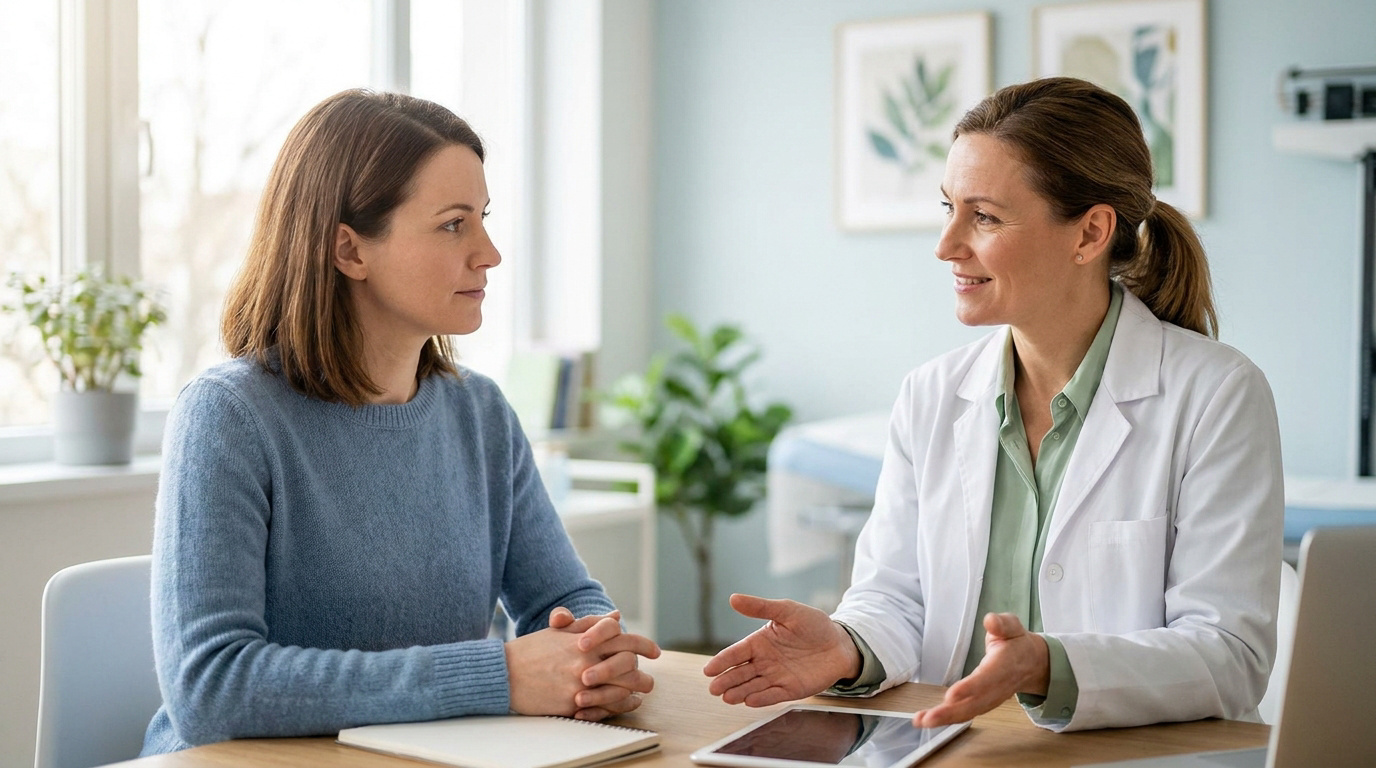 Une femme consulte sa médecin dans un cabinet médical lumineux.