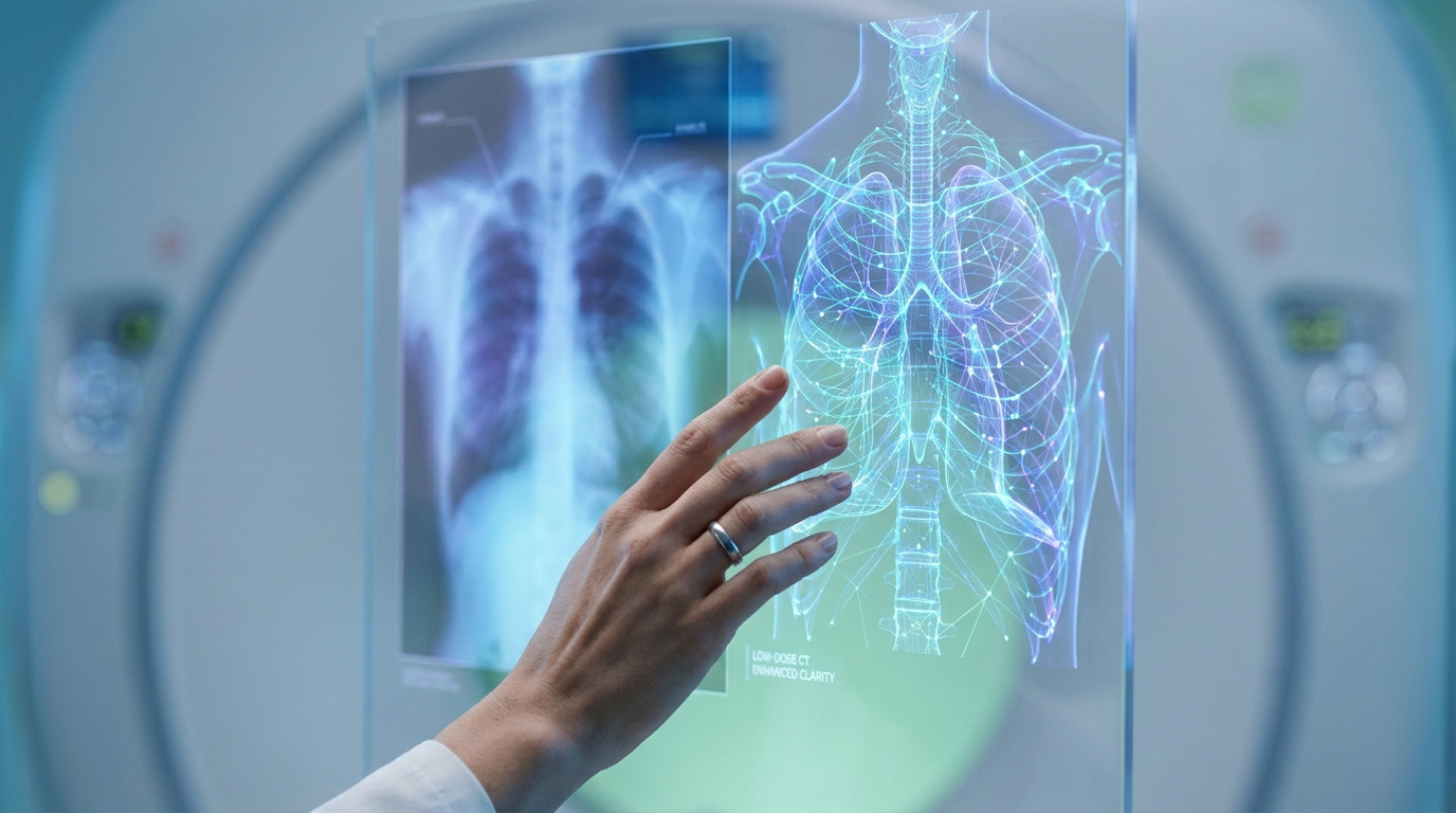 Une main de médecin manipule un écran tactile holographique montrant une radiographie et une modélisation 3D des poumons.