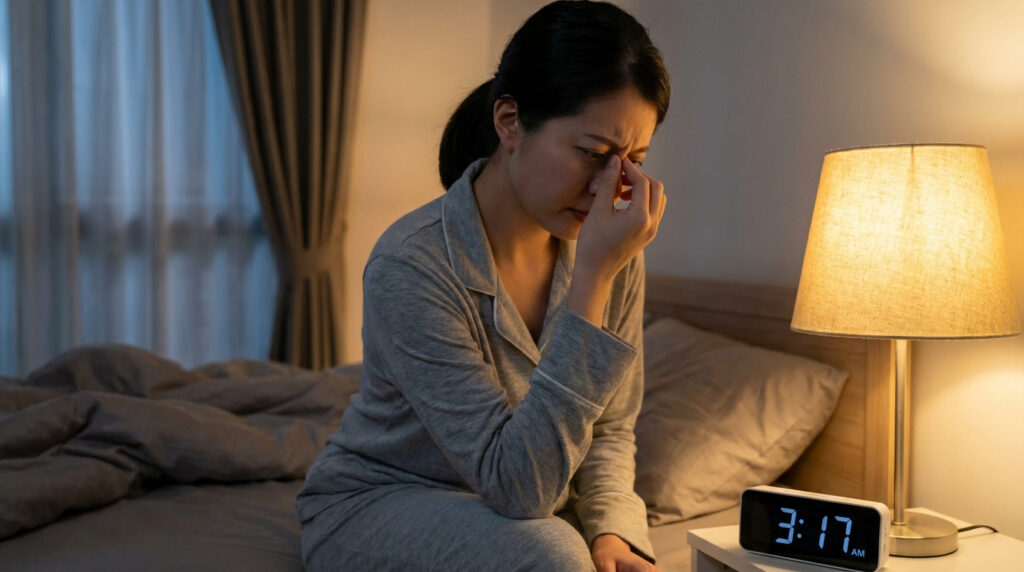 Femme assise dans son lit à 3h17 du matin, se massant le nez avec lassitude.