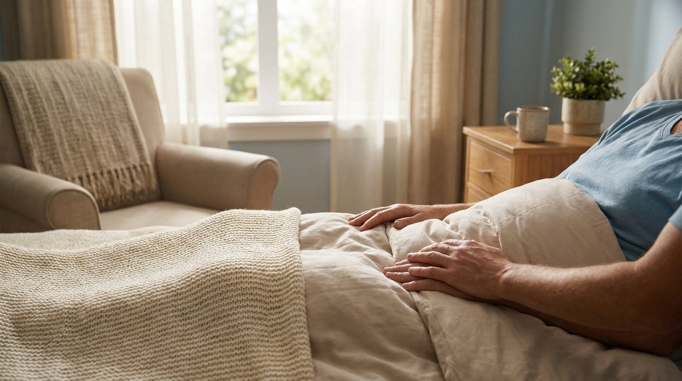 Une personne allongée dans un lit, vue de côté, les mains posées sur une couverture dans une chambre calme.