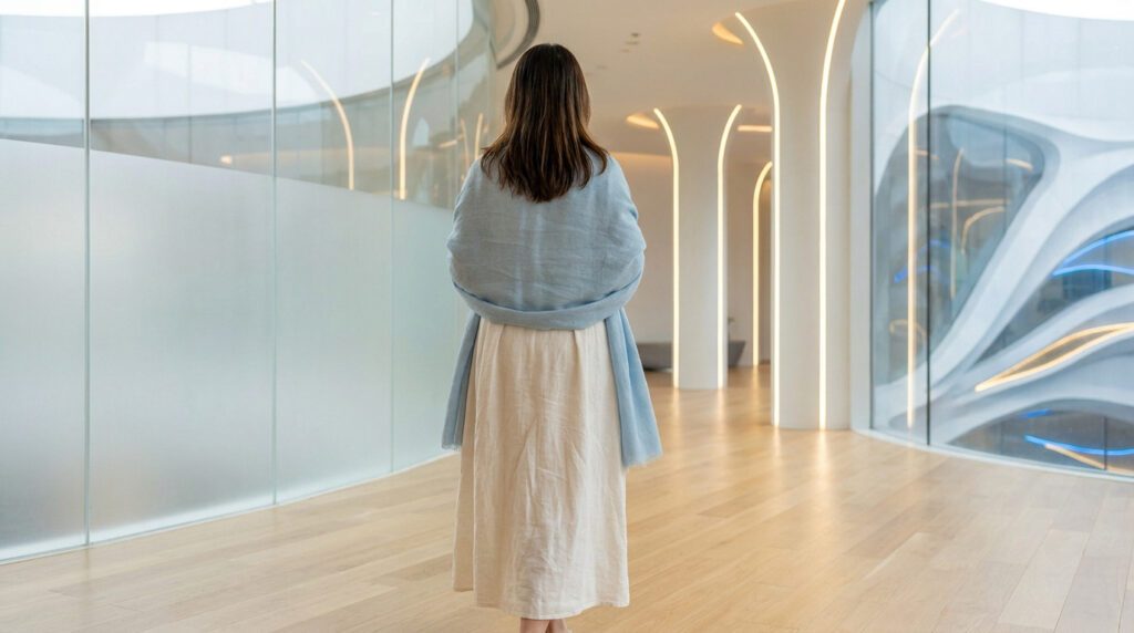 Une femme vue de dos dans un couloir moderne et lumineux d'une clinique esthétique.