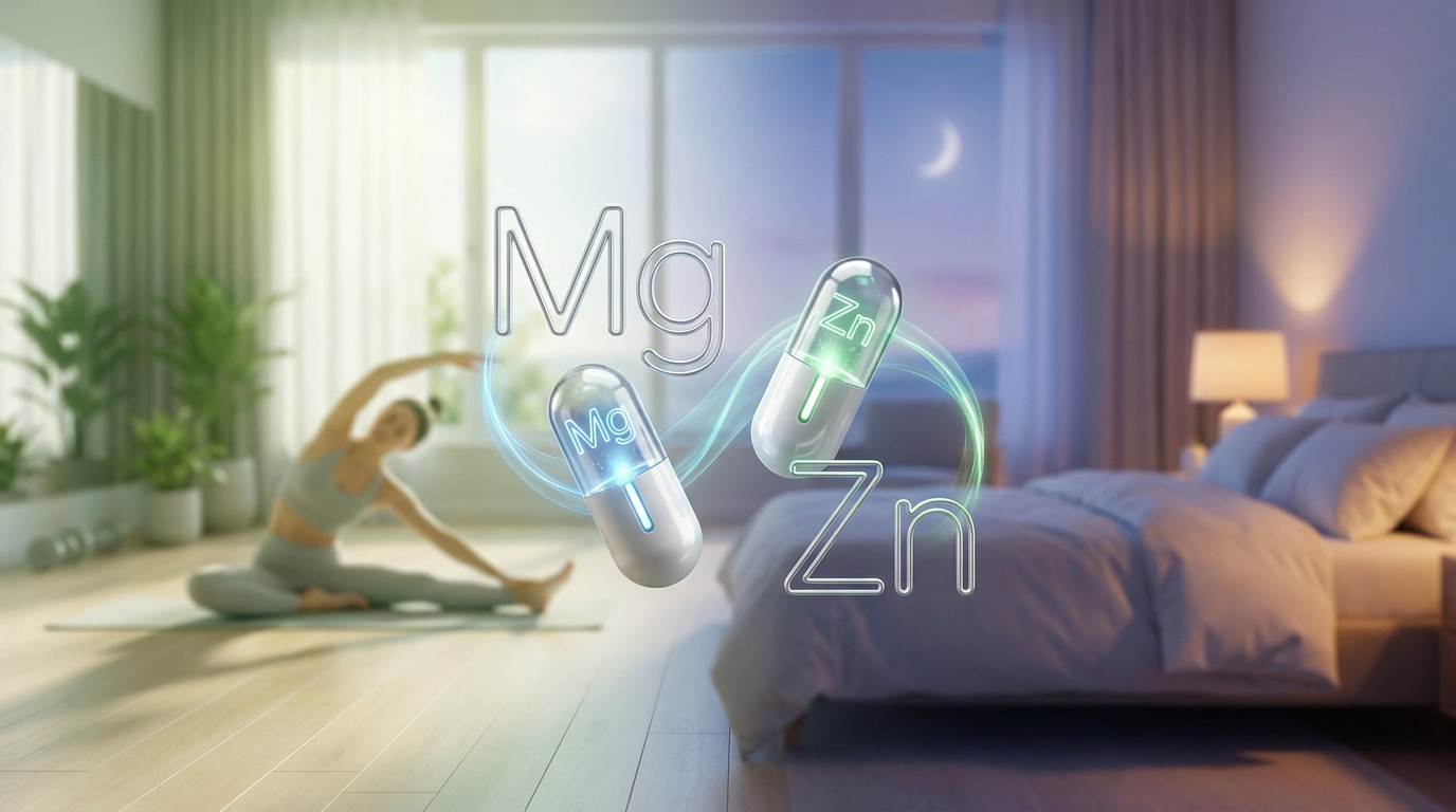 Deux gélules de magnésium et zinc flottant devant une personne faisant des étirements dans une chambre le soir.