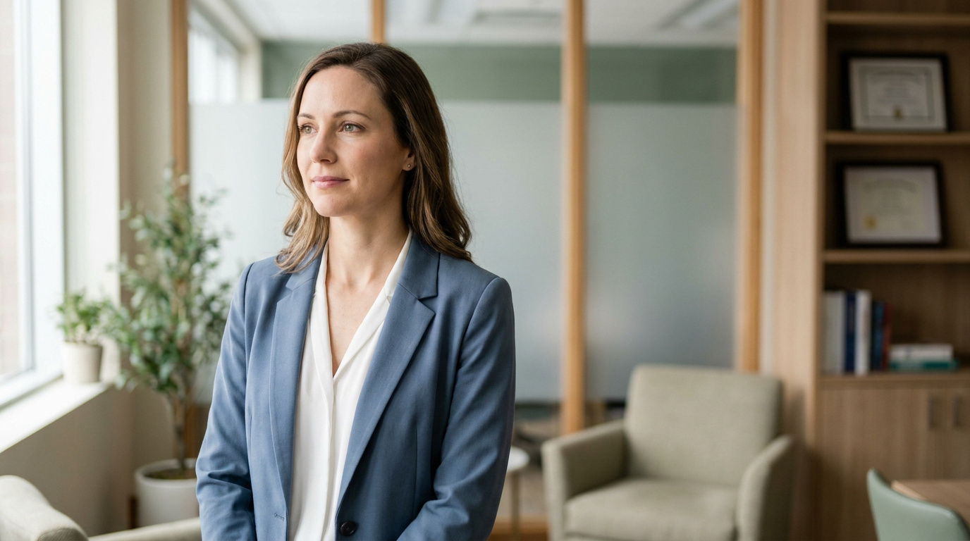 Une femme professionnelle dans un bureau médical, regardant par la fenêtre avec une expression sereine.