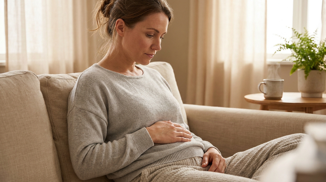 Une femme assise sur un canapé, tenant son ventre avec une expression de gêne ou de douleur abdominale.