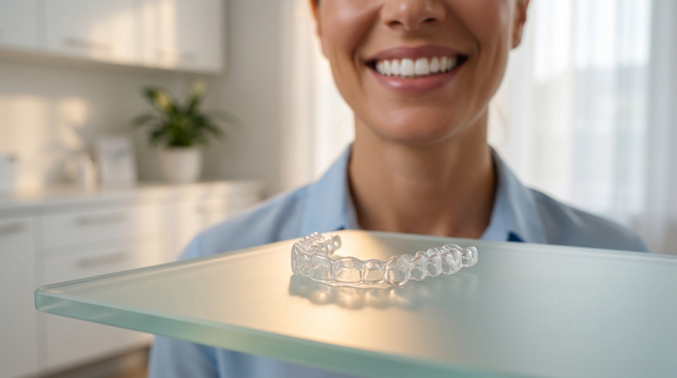 Une femme souriante tient une gouttière dentaire invisible transparente sur une surface en verre.