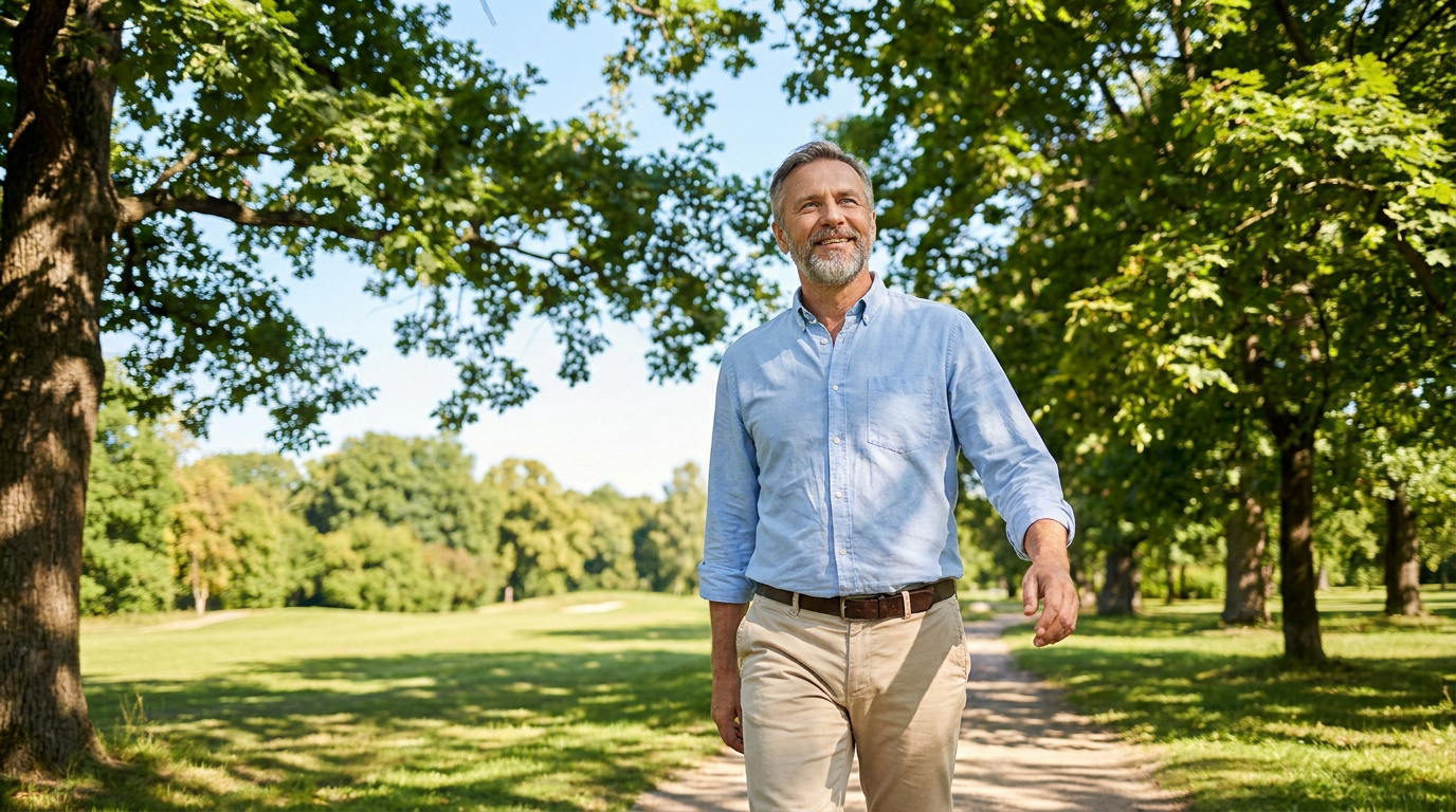Un homme mature souriant et confiant marchant sur un sentier dans un parc verdoyant et ensoleillé.