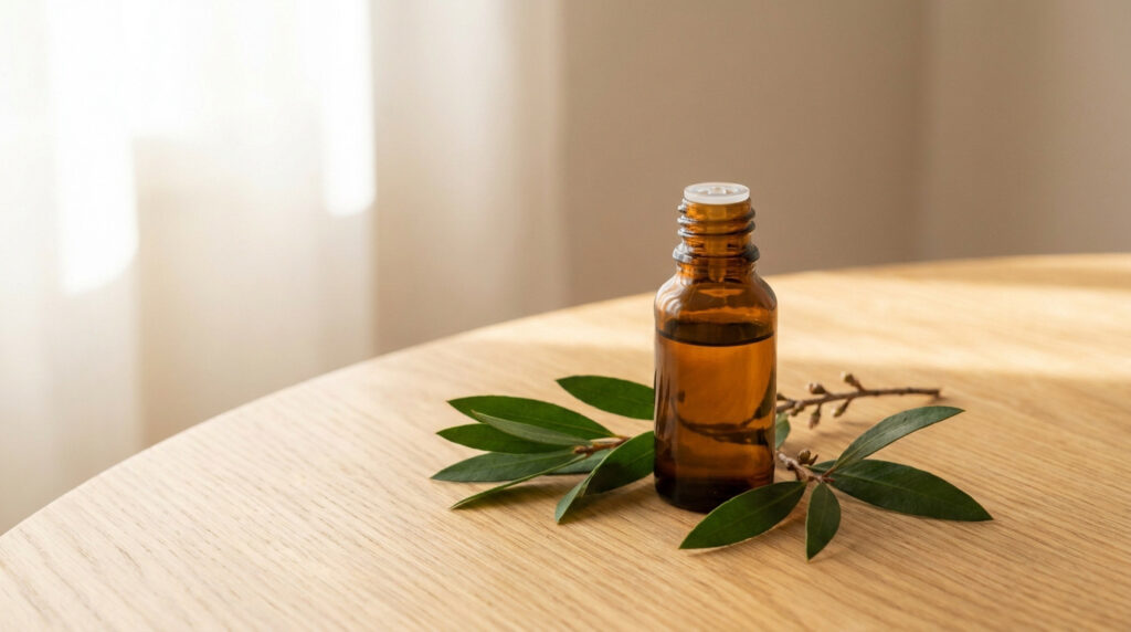 Une petite bouteille en verre ambré contenant de l'huile essentielle posée sur une table en bois avec des feuilles vertes.