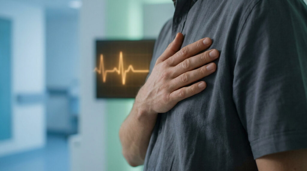 Un homme porte sa main à sa poitrine en arrière-plan d'un écran affichant un électrocardiogramme.