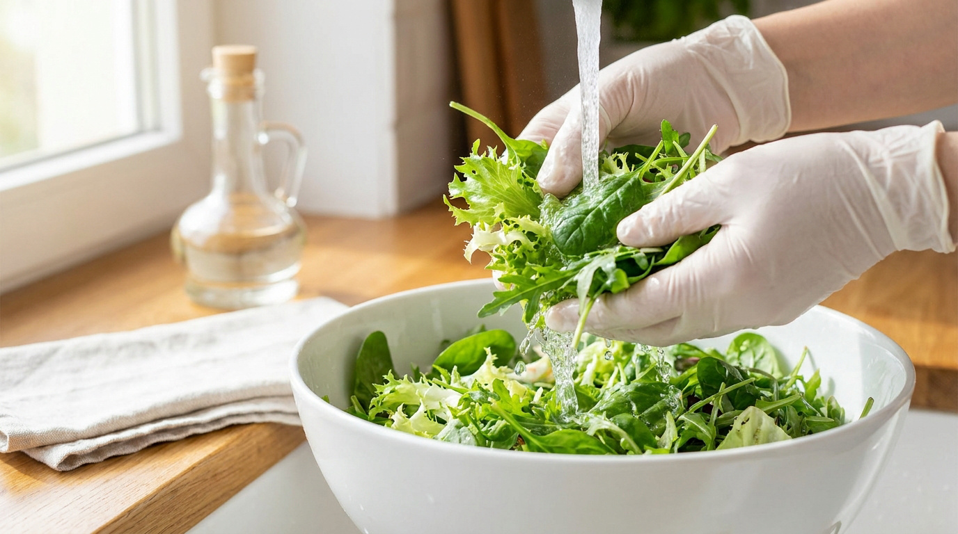 Mains avec des gants en latex rinçant de la salade fraîche sous l'eau du robinet au-dessus d'un saladier.