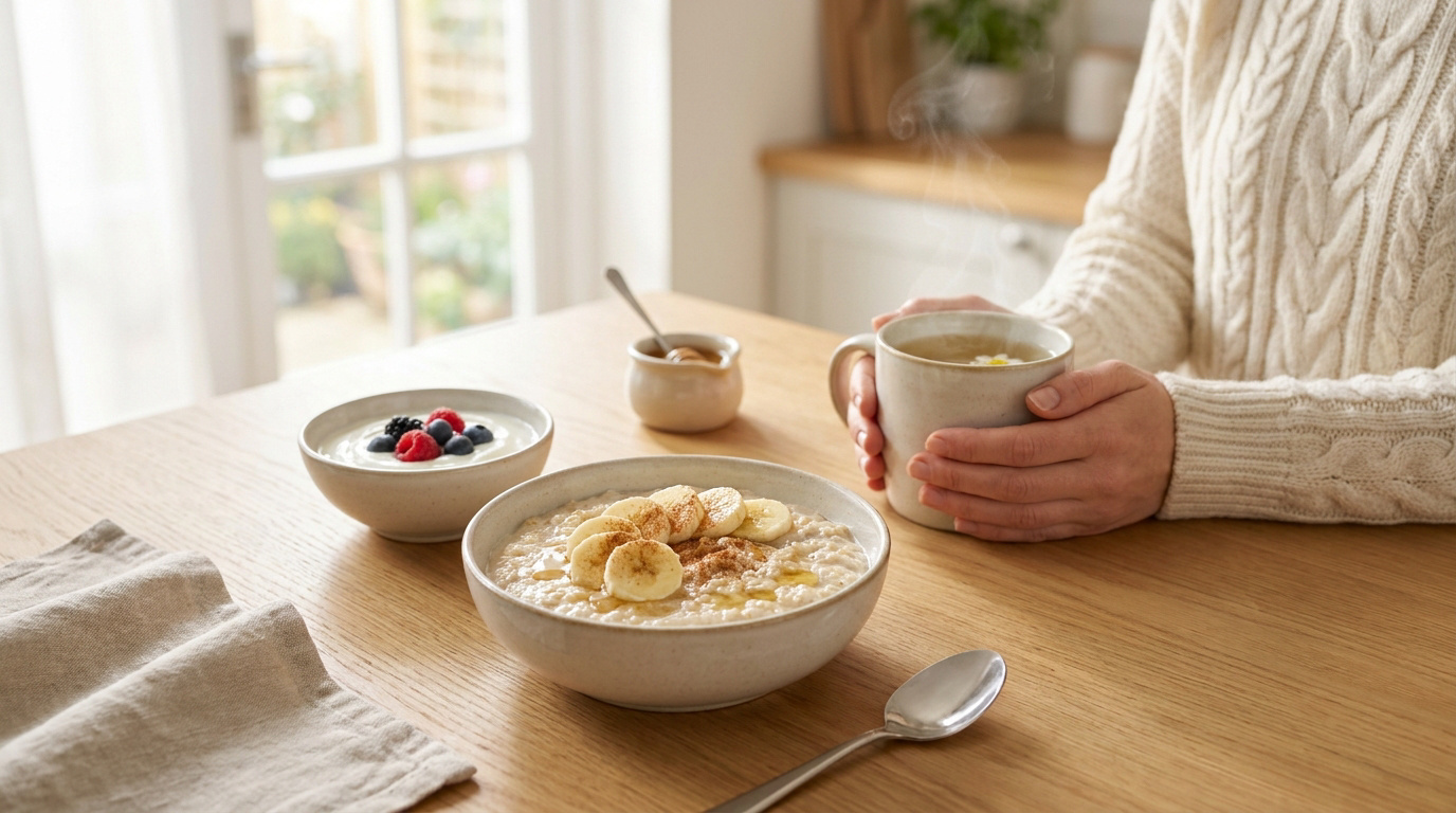 Une personne tient une tasse chaude à côté d'un bol de porridge aux bananes et d'un yaourt aux baies.